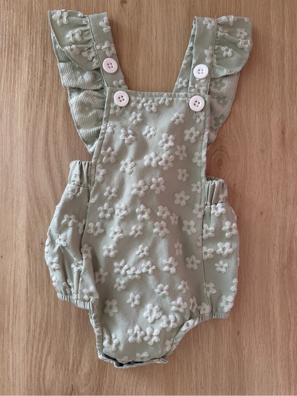 Sage Green Embroidered Floral Ruffle Strap Baby Romper